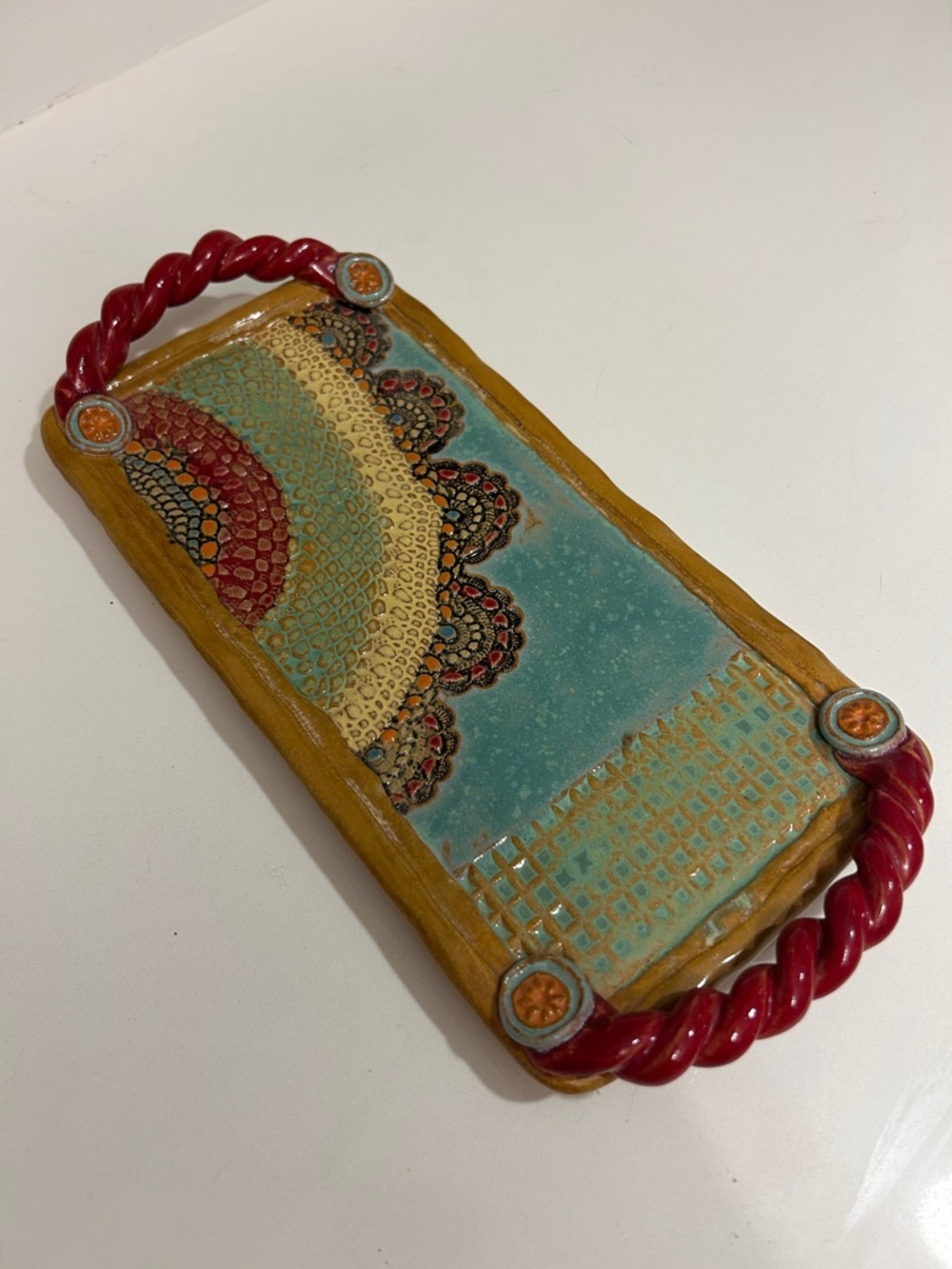 Laurie Pollpeter Eskenazi Esperanza's Rainbow Tray Pottery Stoneware Signed